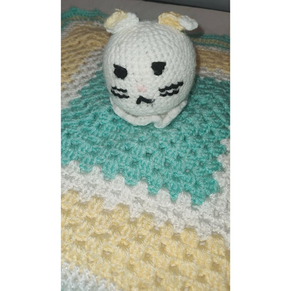 Handmade Cat Kitten Baby Crochet  Security Lovey Blanket Blue White yellow toy 1